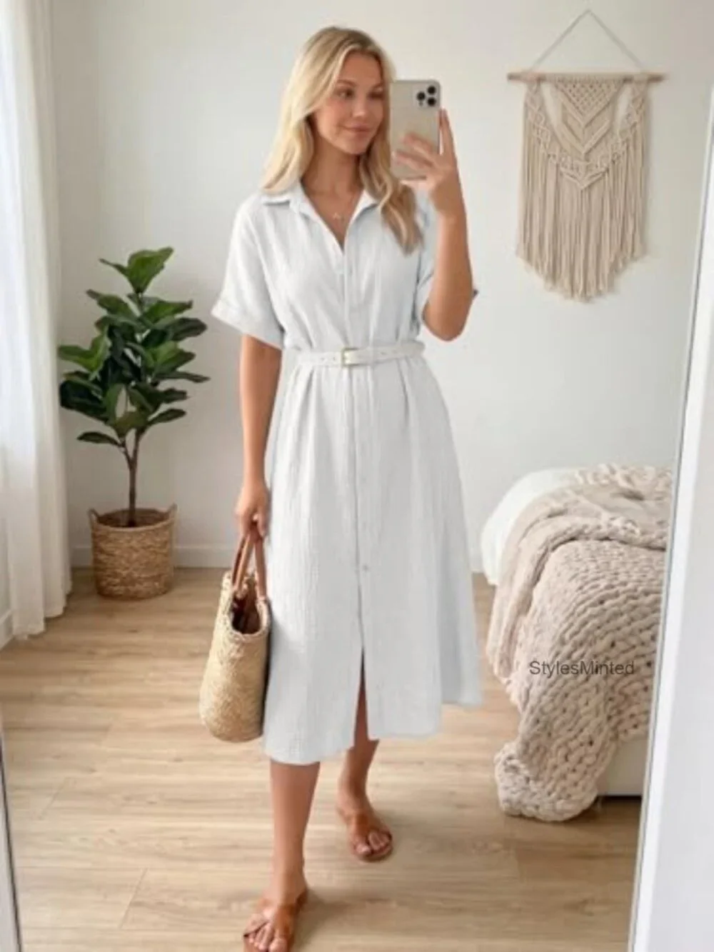 Women's Summer Cotton Casual Midi Shirt Dress Short Sleeve Vacation Beach